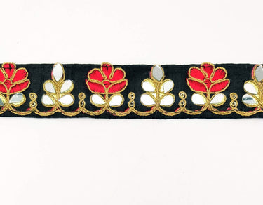 Black Silk Trim With Mirrors Embellishments and Gold Embroidery, Approx. 38mm Wide, Decorative Trim Costume Trim Floral Trim By Yard